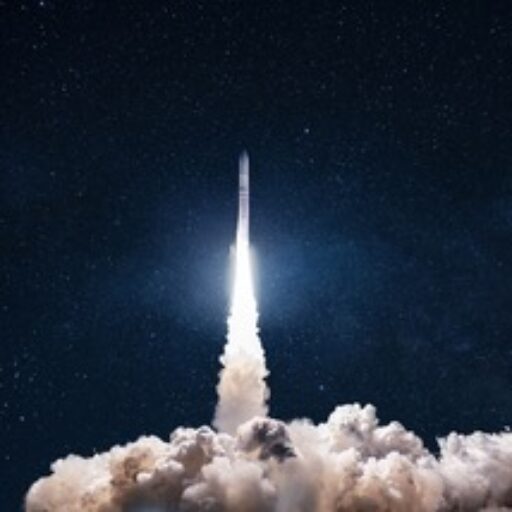 Spaceship takes off into the starry sky. Rocket starts into space. Concept. Launch successful. Taking off to the moon